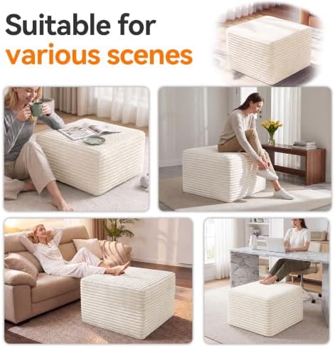 23in Square Pouf Ottoman, Large Corduroy Ottoman Foot Rest with Solid High-De...