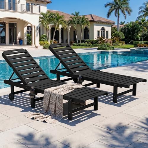 SERWALL HDPE Outdoor Chaise Lounge Set of 2 with Cup Holder & Wheels, Bla...