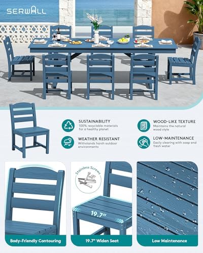 SERWALL 9Pcs 84" HDPE Outdoor Dining Set for 8 with Armless Chairs,Blue