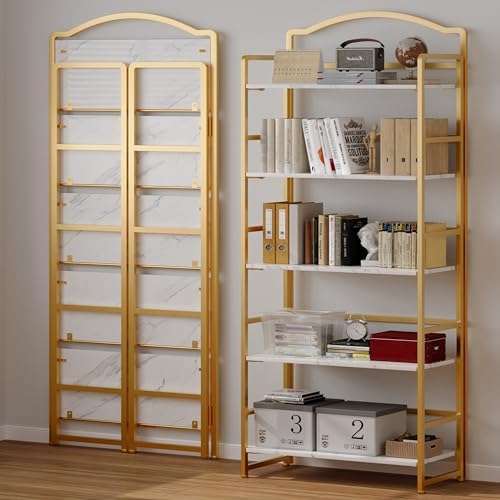 JSB 5 Tier No Assembly Folding Bookshelf, Arched Bookshelf, Foldable Bookcase...
