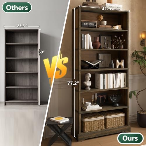TVU 6 Tiers Wooden Bookshelf, 77.2" Tall Farmhouse Style Open Bookcase, ...