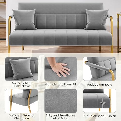 Yaheetech 56.5" Small Sofa 2 Seater Couch with Gold-Tone Legs, Light Gray