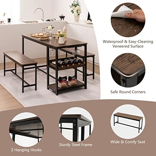 GIANTEX Dining Table Set for 4, 3-Piece 55" L Kitchen Table Set w/ 2 Ben...
