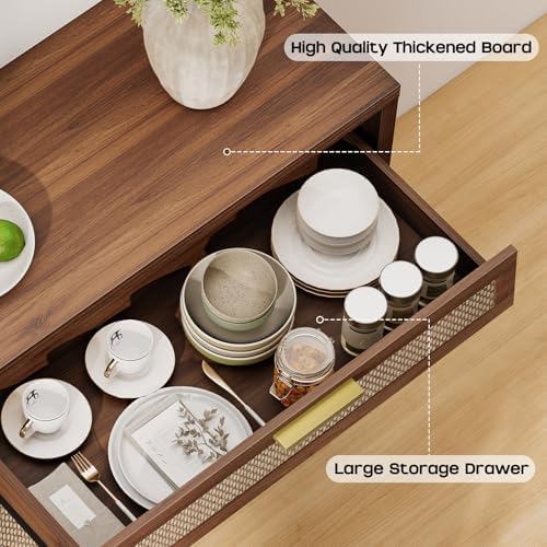 Rattan Buffet Cabinet with Storage, Sideboard Cabinet with Doors and Shelves,...