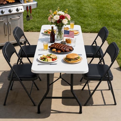 Folding Dining Table Set for 4, 5FT Foldable Plastic Table with Carrying Hand...