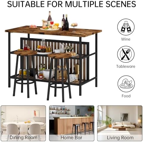 Kitchen Island with Seating & Storage, Bar Table and Chair Set Rustic Brown