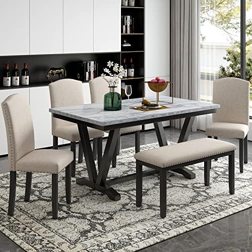 Merax Modern 6-piece Dining Table with Cushions Chairs and Bench, Elegant Din...