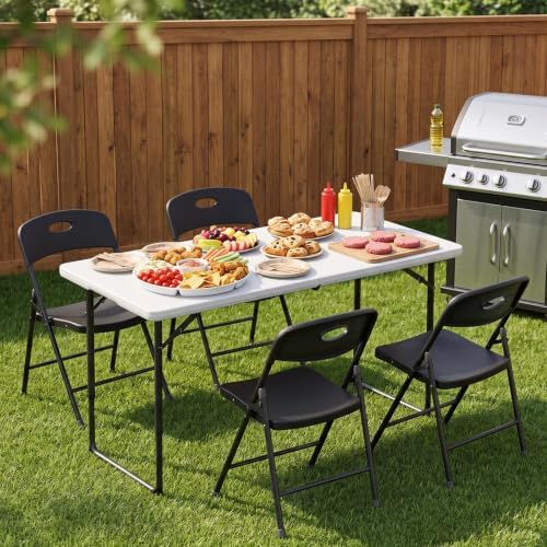 Folding Table and Chairs Set for 4, 4FT Adjustable Height Plastic Folding Tab...