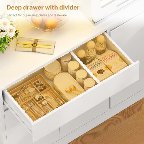 TEENFON Pantry Cabinet with Charging Station and LED Light, Kitchen Pantry Ca...
