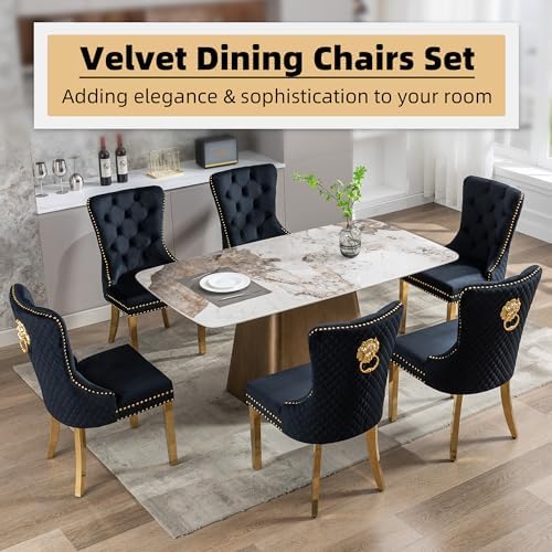 Dining Chairs Set of 6, Golden Metal Legs, Sophisticated Lion Ring, Black