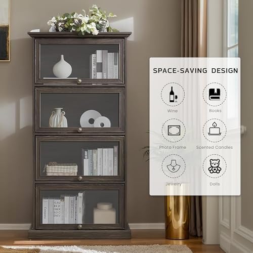 Tall Bookcase with Glass Doors, 63" H Farmhouse Glass Curio Display Cabi...