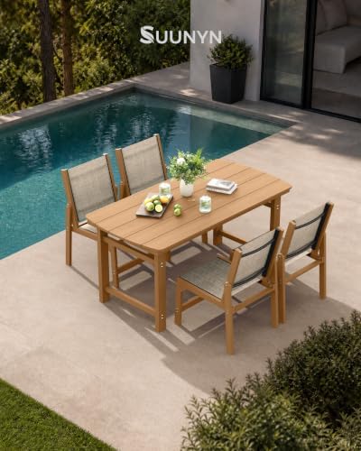 HDPE Outdoor Dining Set, Patio Table and 4 Stackable Armless Chairs, Teak