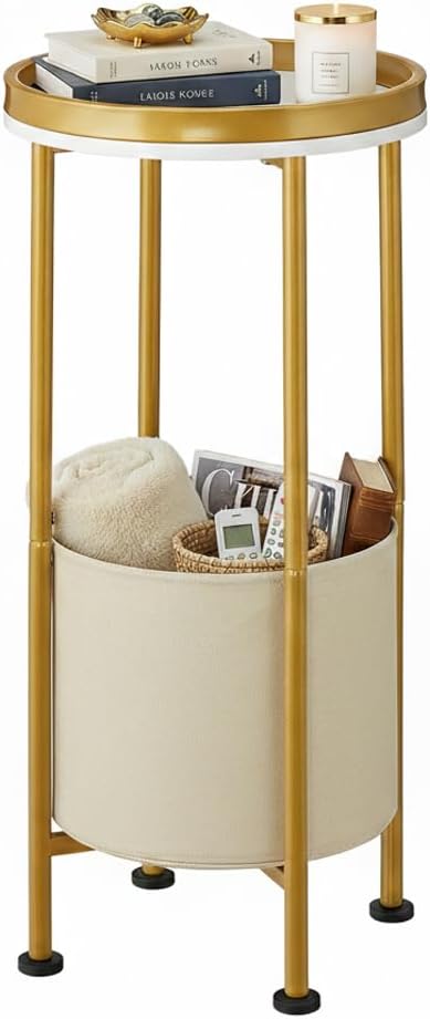 Small Round Side Table with Storage Basket, 2-Tier Round End Table for Living...