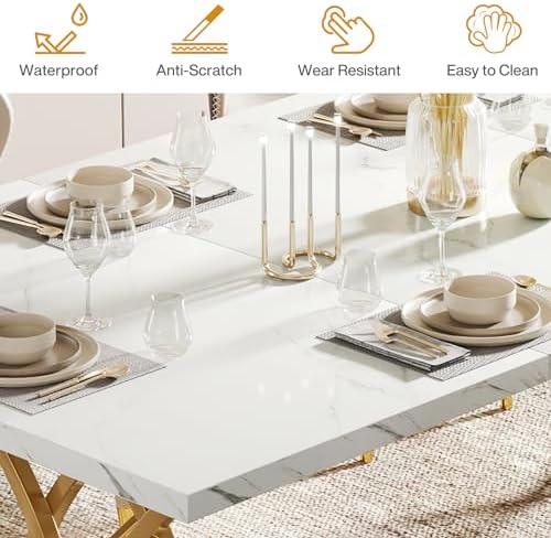 Tribesigns 63" Dining Table for 4 to 6, White and Gold Kitchen Table