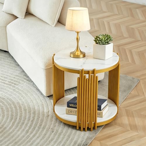 3 Piece Living Room Table Set, Faux Marble Round Coffee Table and End Tables,...
