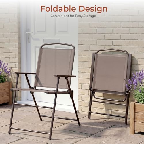 TLSUNNY 6 Pieces Glass Table and Folding Textilene Chairs with 65″ Umbrella