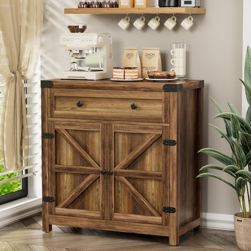 YESHOMY Farmhouse Coffee Bar and Accent Cabinet with Barn Doors, Brown