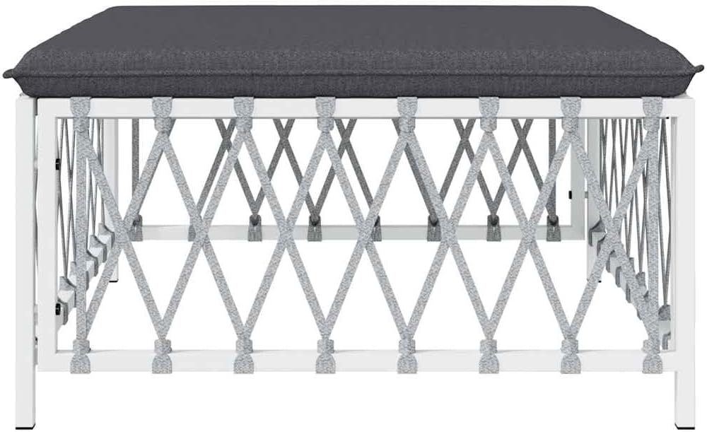 Patio Footstool with Cushion, White Woven Fabric Ottoman, Powder-Coated Steel...