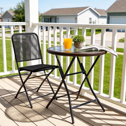 VINGLI 23.6in Modern Brown Rattan Folding Glass Outdoor Side Table, Small Pat...