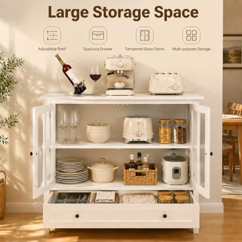 RASOO White Modern Buffet Cabinet with Double Glass Doors