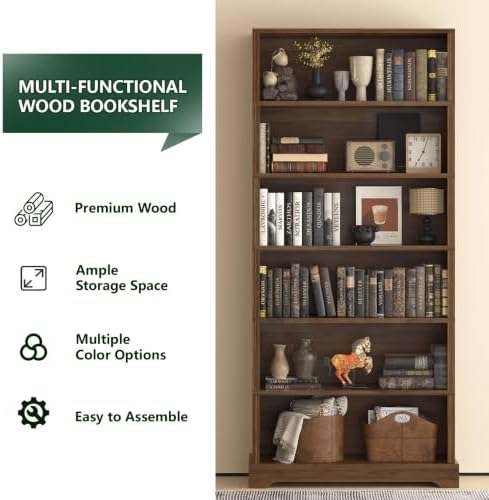 TVU 6 Tiers Wooden Bookshelf, 77.2" Tall Farmhouse Style Open Bookcase, ...