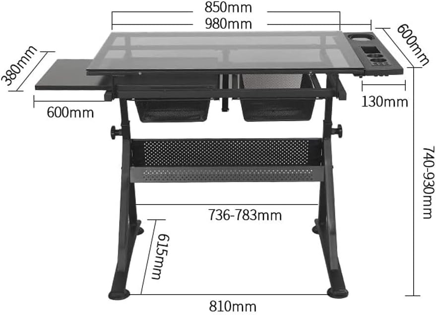 Black Drafting Table with Storage, Height Adjustable Tiltable Art Desk, Glass...