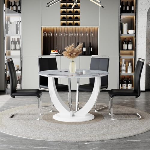 JUFU Round Dining Table Set for 4, 47" White Dinette Set for 4 with Marb...