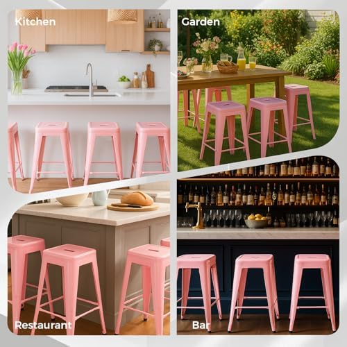 30 Inch Pink Metal Bar Stools, Set of 4, Backless