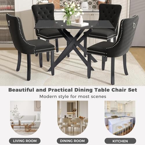 51" 5-Piece Glass Dining Table Set for 4, Black&Black