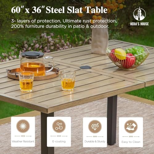 HERA'S HOUSE 7pc Patio Dining Set, Outdoor Wood-Like Metal Table & 6 ...