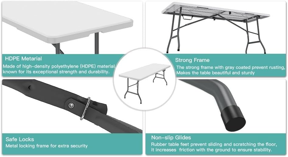 6 ft HDPE Folding Table with Anti-Arch Lock, Carry Handle, 330 lb Capacity
