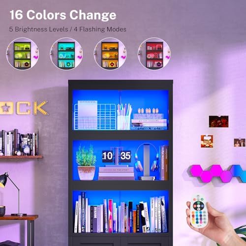 Book Shelf and Bookcase with Doors, 5-Tier Display Storage Cabinet with Adjus...