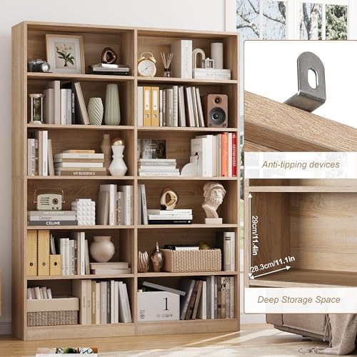 FACBOTALL Bookshelf Tall Bookcase, 6-Tier Double Wide Bookshelves,Light Oak