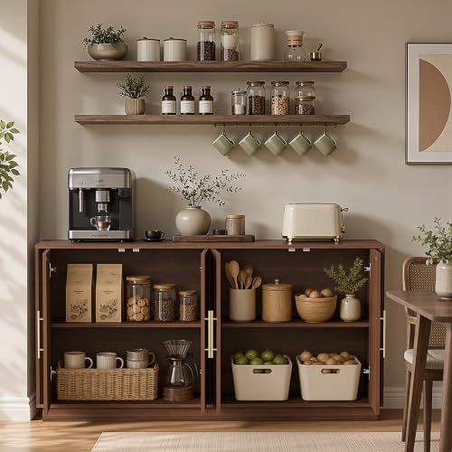 FORTUNETEC 67" Sideboard Buffet Cabinet with Storage, Arched Doors, Walnut