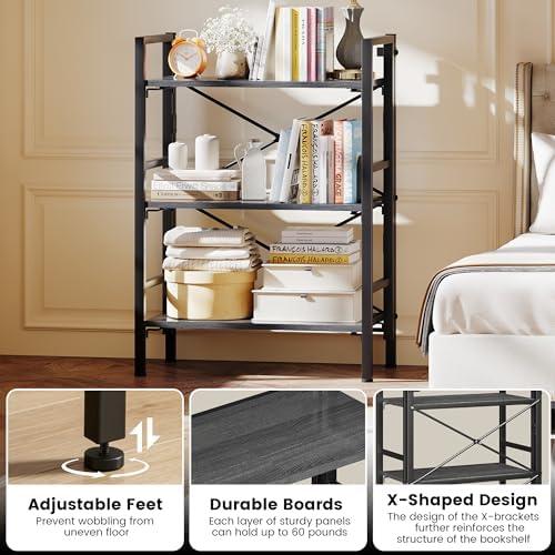Homeiju Folding Bookshelf No Assembly, 3 Tier Bookcase Foldable Shelf with X-...