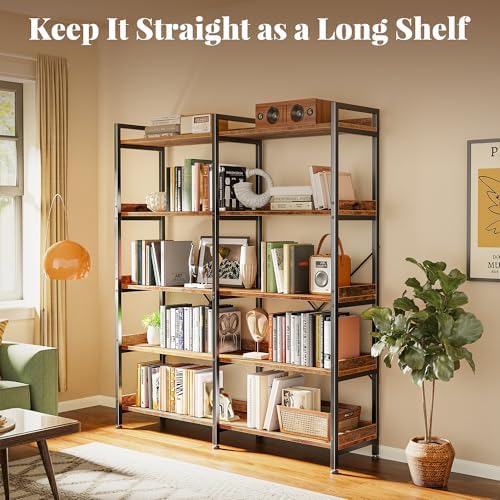 Huuger 5 Tier Bookshelf with 10 Open Shelves and Raised Baffle, Rustic Brown