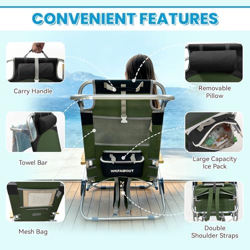 2 Pack Low Backpack Beach Chair with Folding Bamboo Table for Adults, 5-Posit...