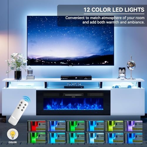 80" Fireplace TV Stand, 2-Tier LED Entertainment Center with 36" Fi...