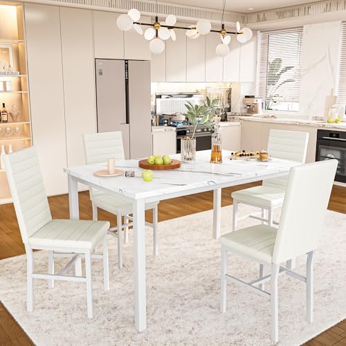 Hooseng Dining Table Set for 4, 5-Piece Faux Marble Dinner Table Set with 4 U...