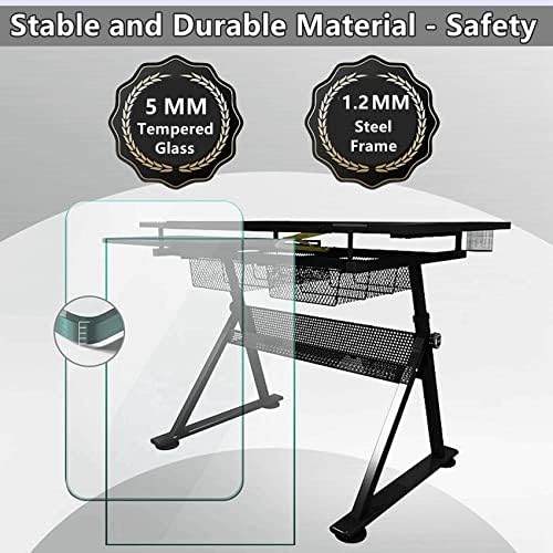 Drafting Table for Artists, Glass Drawing Table with Stool,T1-White