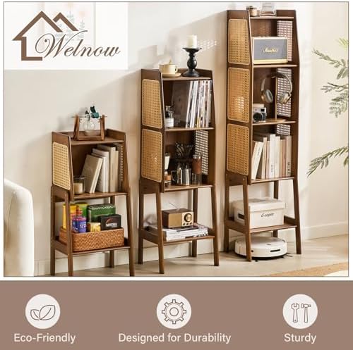 Welnow Bamboo Rattan Bookcase with Cabinet, 3-Tier Storage Shelf with Side Ta...