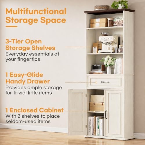 Cyclysio 80" Tall Bookcase with Drawer and Doors, Antique White/Walnut