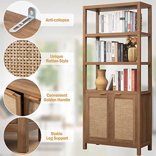 SICOTAS 71" Tall Rattan Bookshelf with Doors for Living Room Library