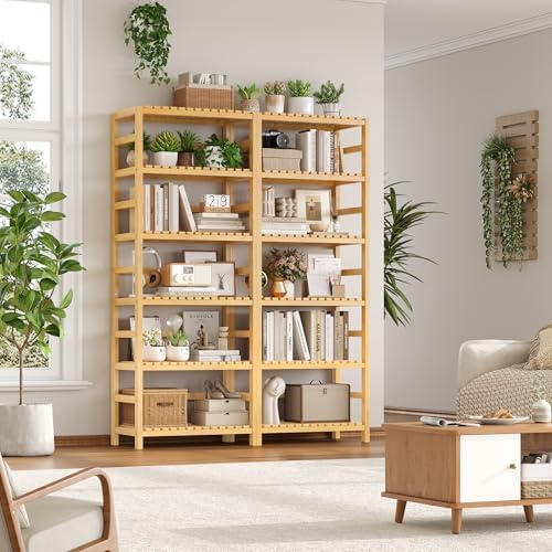 FOTOSOK 6-Tier Bamboo Shelf with Adjustable Shelves, Bamboo Kitchen Cabinet