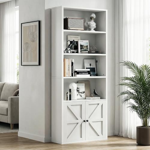MXV 6 Tier 71" Tall Farmhouse Bookshelf with Barn Door Cabinet, Freestan...