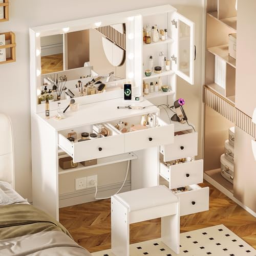 35.4” Makeup Vanity Desk with Charging Station, White Makeup Dressing Table w...