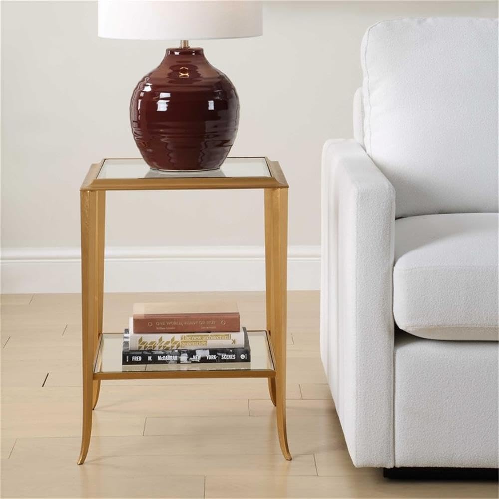Pemberly Row Contemporary End Table, Iron Frame, Radiant Gold Leaf Finish, Be...