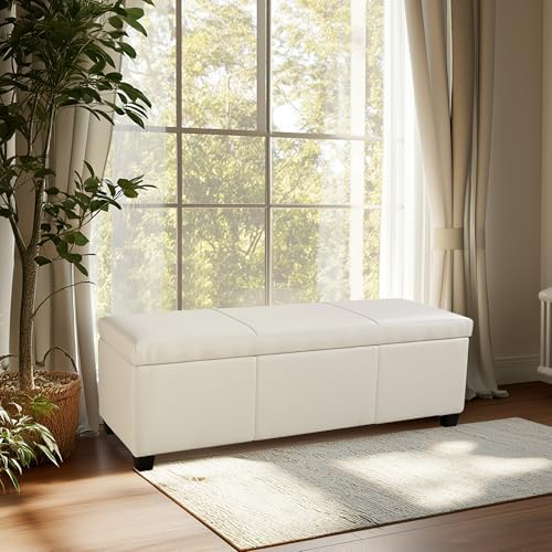BELLEZE Storage Faux Leather Ottoman, 47 Inch Bench Bedroom Bench with Safety...