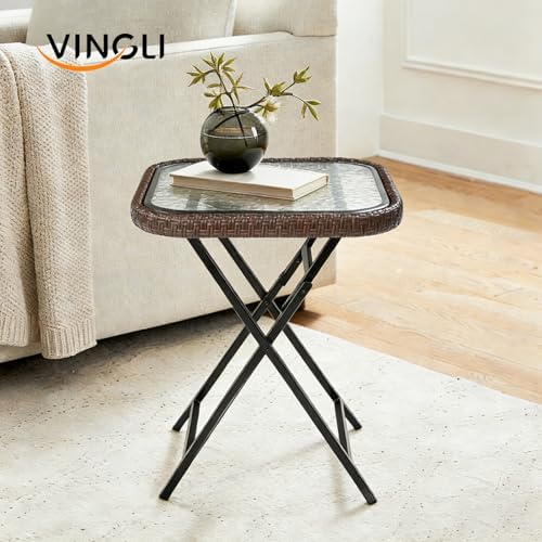 VINGLI 18in Modern Brown Rattan Folding Glass Outdoor Side Table, Small Patio...