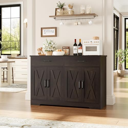 HOSTACK 47" W Kitchen Sideboard Buffet Cabinet with Storage Drawers, Brown